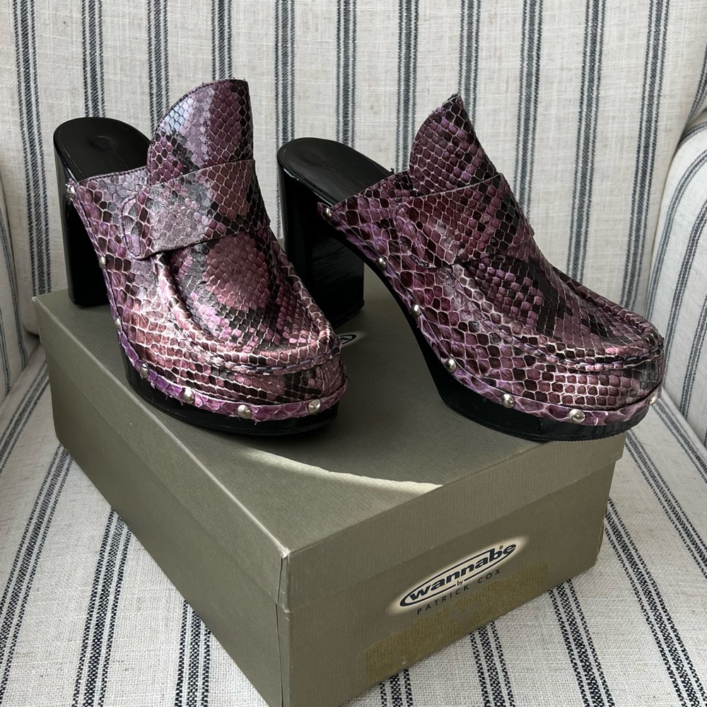 Vintage 90s Patrick Cox Wannabe Purple Snakeskin Clogs